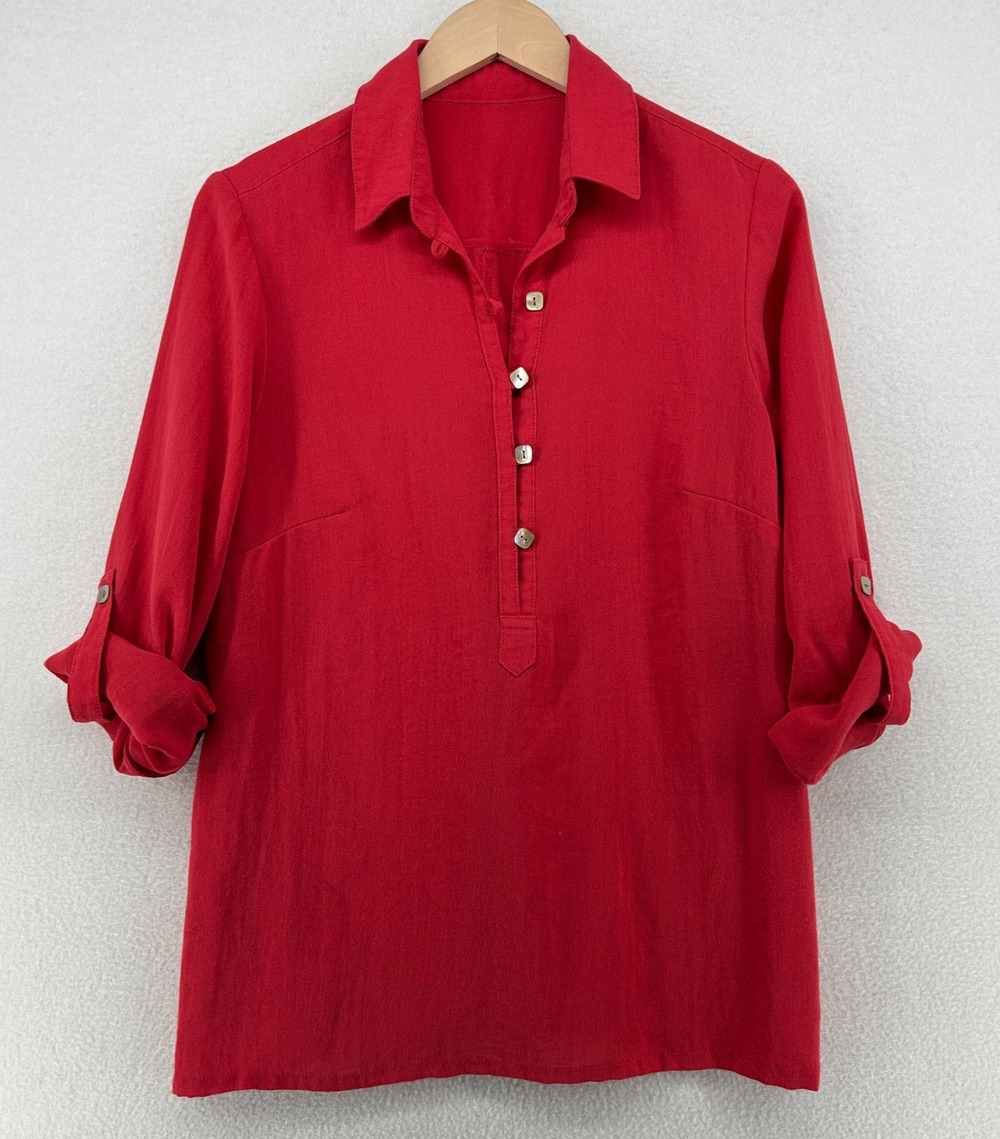 FRIDAZE Top XS Linen Redefined Tunic Lagenlook Popover Roll Tab Sleeve Red